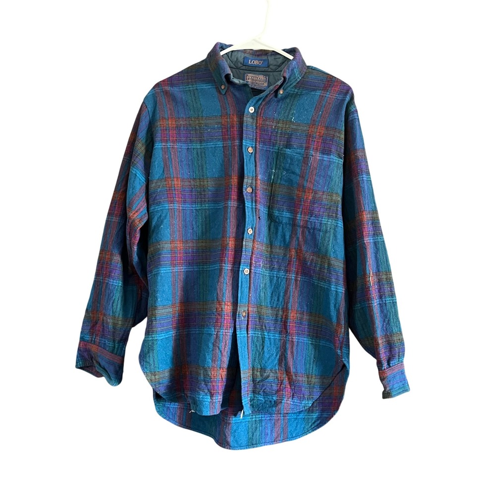 Vintage Pendleton Lobo Wool Plaid Shirt Mens Medium Teal Purple Made in USA